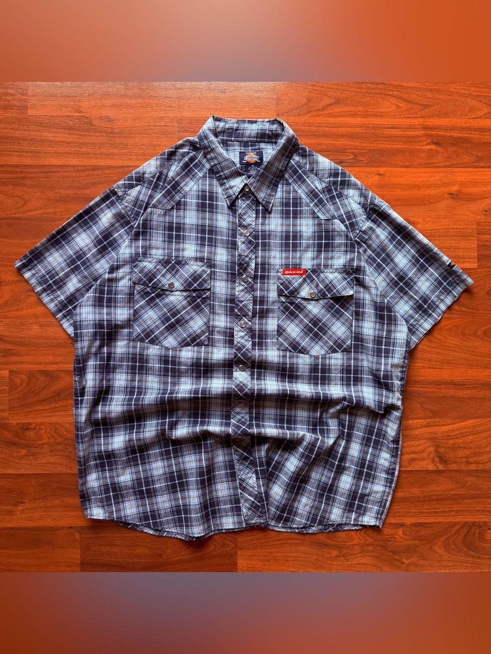 Dickies blue plaid pearl snap button up XL short sleeve collared western shirt